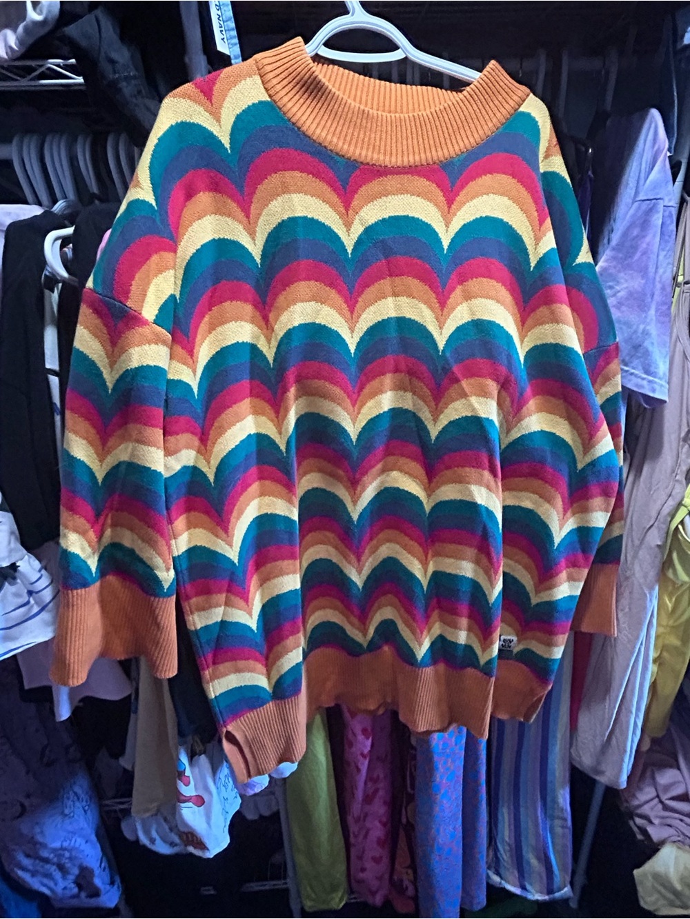 Lucy & Yak Multicolor Wave Knit Sweater with Orange Trim